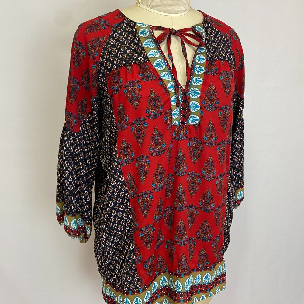 Lightweight Boho Drawstring Tunic Top w/ long sleeves in Maroon/Navy blue